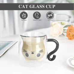 Cat Mugs, Halloween Christmas Valentines Mothers Day Easter Present Idea, Cute Coffee Mug Double Wall Glass Tea Cup