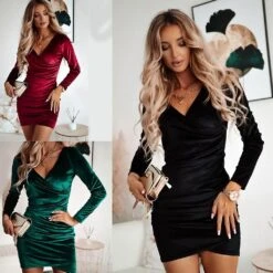 Velvet Bodycon Dresses For Women Elegant V Neck Cocktail Party Dress Long Sleeve Ruched Wrap Christmas Party Dress 2XL Red -Schmidt Butik 1141707752 max