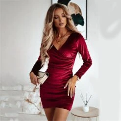 Velvet Bodycon Dresses For Women Elegant V Neck Cocktail Party Dress Long Sleeve Ruched Wrap Christmas Party Dress 2XL Red -Schmidt Butik 1141707854 max