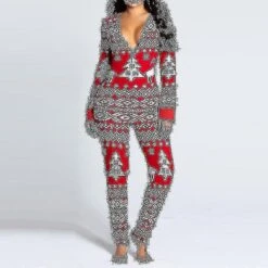 Women Animal Pajama One Piece Christmas Bodysuit Jumpsuit Long Sleeve Sleepwear S