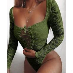 Women Sexy Lace Sexy Xmas Lace-up Long Sleeve Square Collar Christmas Seductive Jumpsuit Army Green XL