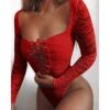 Women Sexy Lace Sexy Xmas Lace-up Long Sleeve Square Collar Christmas Seductive Jumpsuit Red XL