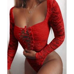 Women Sexy Lace Sexy Xmas Lace-up Long Sleeve Square Collar Christmas Seductive Jumpsuit Red XL