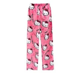 Kvinder Piger Kawaii Hello Kitty Fleece Pyjamas Lounge Bukser Christmas Cartoon Cat All Over Print Soft Flannel Xmas Soft Sleep Pyjamas - Pink 2XL
