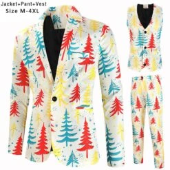 Men's Christmas Fashion Printed Suit Jacket + Vest + Suit Pants Suit Three-piece Set L Beige -Schmidt Butik 1386731352 max