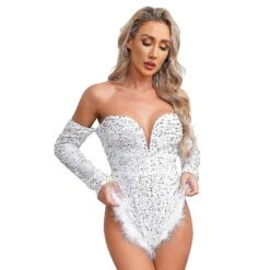 Otwoo Womens Shiny Sparkly Sequin Bodysuit Off Shoulder Long Sleeve V-Neck Feather Hem Jumpsuit Romper For Club Christmas CostumesBlack S