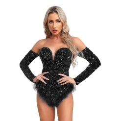 Otwoo Womens Shiny Sparkly Sequin Bodysuit Off Shoulder Long Sleeve V-Neck Feather Hem Jumpsuit Romper For Club Christmas CostumesBlack S -Schmidt Butik 1402086060 max