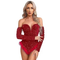 Otwoo Womens Shiny Sparkly Sequin Bodysuit Off Shoulder Long Sleeve V-Neck Feather Hem Jumpsuit Romper For Club Christmas CostumesBlack S -Schmidt Butik 1402086062 max