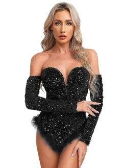 Otwoo Womens Shiny Sparkly Sequin Bodysuit Off Shoulder Long Sleeve V-Neck Feather Hem Jumpsuit Romper For Club Christmas CostumesBlack S -Schmidt Butik 1402086064 max