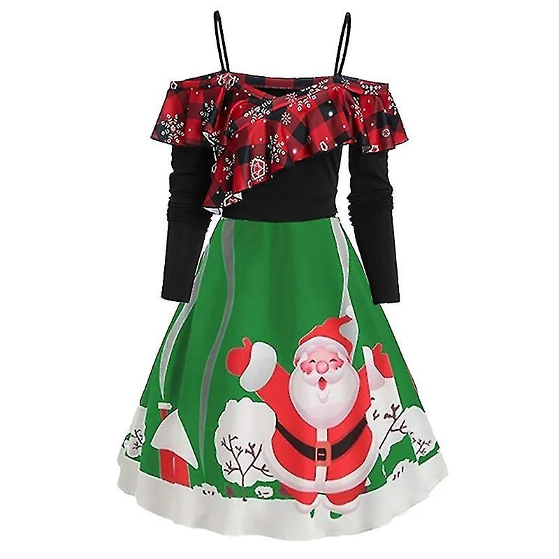Women Christmas Long Sleeve Cold Shoulder Ruffle Swing Skater Dress 1 Women Christmas Long Sleeve Cold Shoulder Ruffle Swing Skater Dress