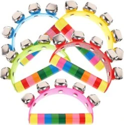 Tambourines For Children 5pcs Kids Sleigh Bells For Christmas Caroling, 5 Jingle Bells Instrument With Wood Handle For Performances, Classroom