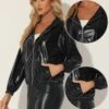 Allegra K Holographic Jackets For Women's Hooded Long Sleeve Zipper Christmas Metallic Jacket_Newway Large Black