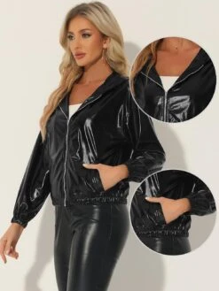 Allegra K Holographic Jackets For Women's Hooded Long Sleeve Zipper Christmas Metallic Jacket_Newway Large Black