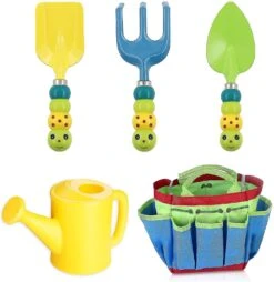 Christmas Garden Tool Set, 5 Pieces Kids Garden Toy With Watering Can, Shovel, Bag, Rake, Garden Tools Kit For Kid Gift For Preschool Baby