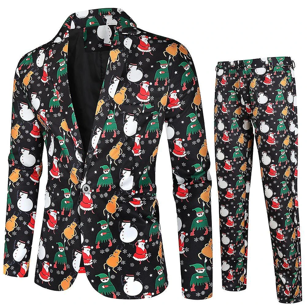 Men Christmas Printed Smart Suit Set Slim Fit Tuxedo 2 Pieces Blazer Jacket Trousers Xmas Party Outfit XL 1 Men Christmas Printed Smart Suit Set Slim Fit Tuxedo 2 Pieces Blazer Jacket Trousers Xmas Party Outfit XL
