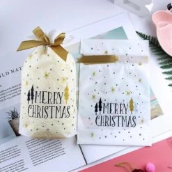10pcs Merry Christmas Rectangle Plastic Candy Bags With Ribbon Drawstring Letter