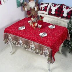 Christmas Rectangle Table Cloth Printed Table Cover Oblong Waterproof For Dining Room Kitchen Decor Beige Heart Red Heart