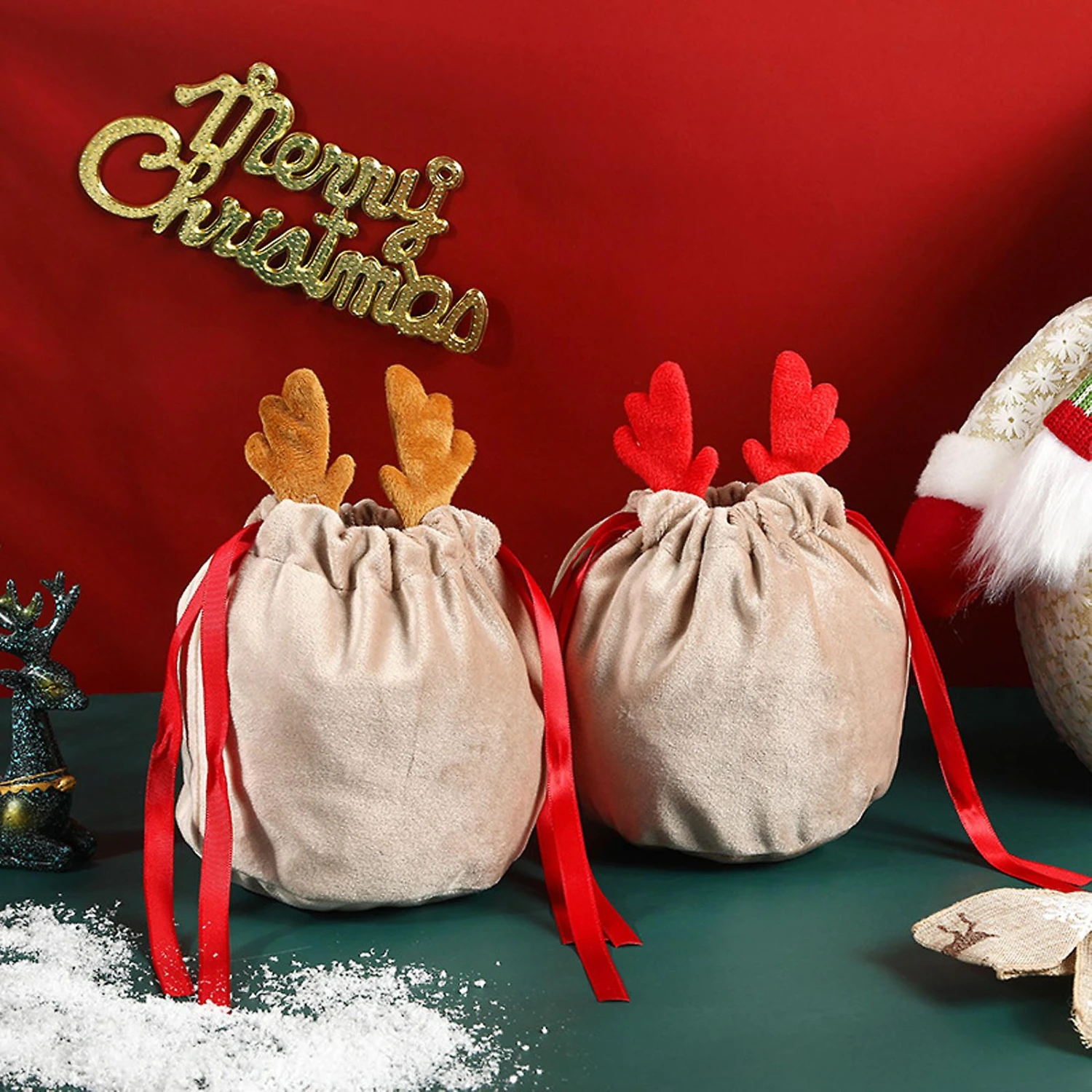 5pcs Antler Bag Christmas Candy Bags Drawstring Bags Gift Packing Bag Pouches 4 5pcs Antler Bag Christmas Candy Bags Drawstring Bags Gift Packing Bag Pouches - Billede 4