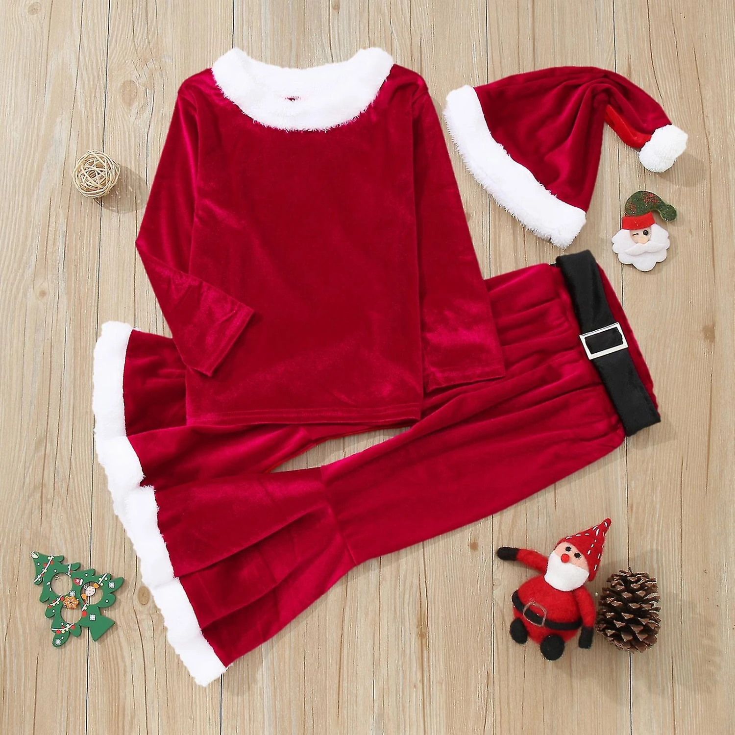 Christmas Costumes For Little Girls, Tops And Pants With Belts, Hats 3 Christmas Costumes For Little Girls, Tops And Pants With Belts, Hats - Billede 3