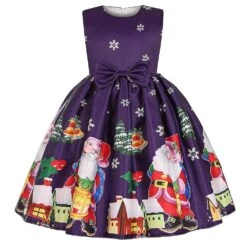 Christmas Kids Girls Sleeveless Santa ClausMidi Dress Bow-knot Printed Party Dresses 9-10 Years Sapphire