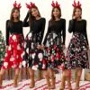 Women Christmas Long Sleeve Print Elegant Vintage Knee-length Party Dress Robe Autumn Winter Casual Dress