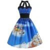 Women Christmas Retro Halter Neck Skater Dress Party Midi Swing Dress