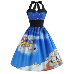 Women Christmas Retro Halter Neck Skater Dress Party Midi Swing Dress