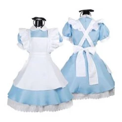 Women's Ladies Blue Alice In Wonderland Costume Halloween Christmas Cosplay Costume Maid Dress Fairytale Dress Up With Black Bow Knot Headwear Set 2XL