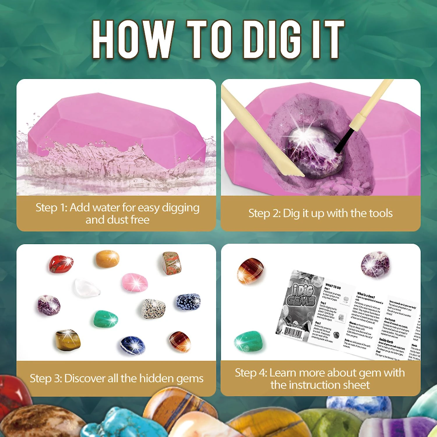 Gemstone Dig Kit -Dig Up 12 Real Gems & Crystal Rock Collection For Kids Archaeology Geology Science Educational Toys Christmas Gift 3 Gemstone Dig Kit -Dig Up 12 Real Gems & Crystal Rock Collection For Kids Archaeology Geology Science Educational Toys Christmas Gift - Billede 3