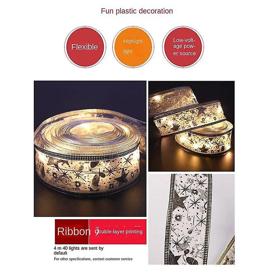 Christmas Tree Ribbon String Lights Battery Powered,gold 33 Ft 100 Led ,for Party Xmas Tree Holiday 2 Christmas Tree Ribbon String Lights Battery Powered,gold 33 Ft 100 Led ,for Party Xmas Tree Holiday - Billede 2