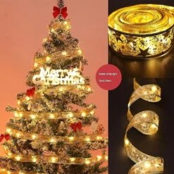 Christmas Tree Ribbon String Lights Battery Powered,gold 33 Ft 100 Led ,for Party Xmas Tree Holiday